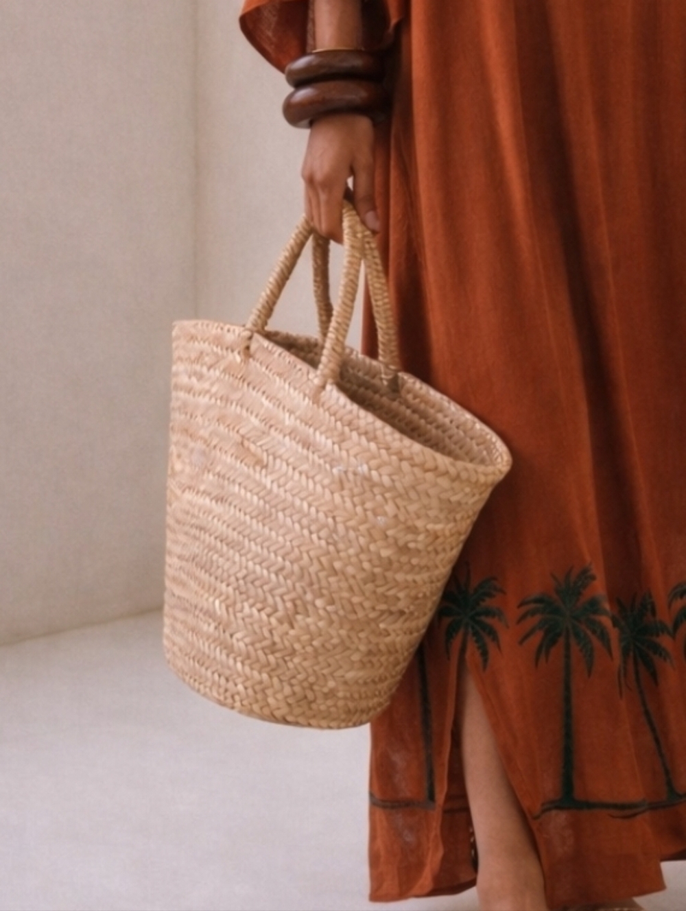 Natural Woven Straw Tote Bag with Wrapped Handles